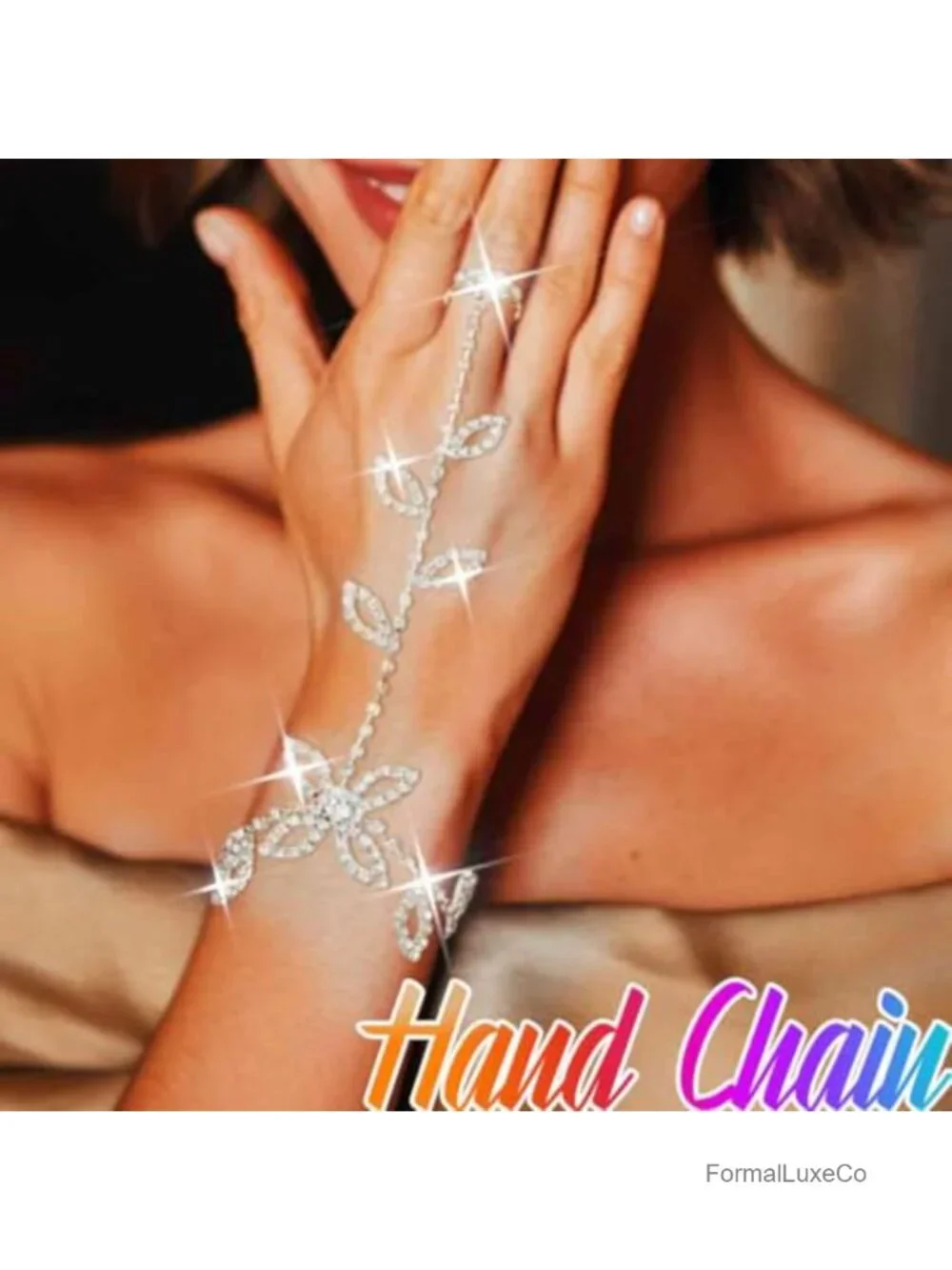 Sparkly Rhinestone Fingerless Gloves Leaf Crystal Hand Chain for Wedding Prom